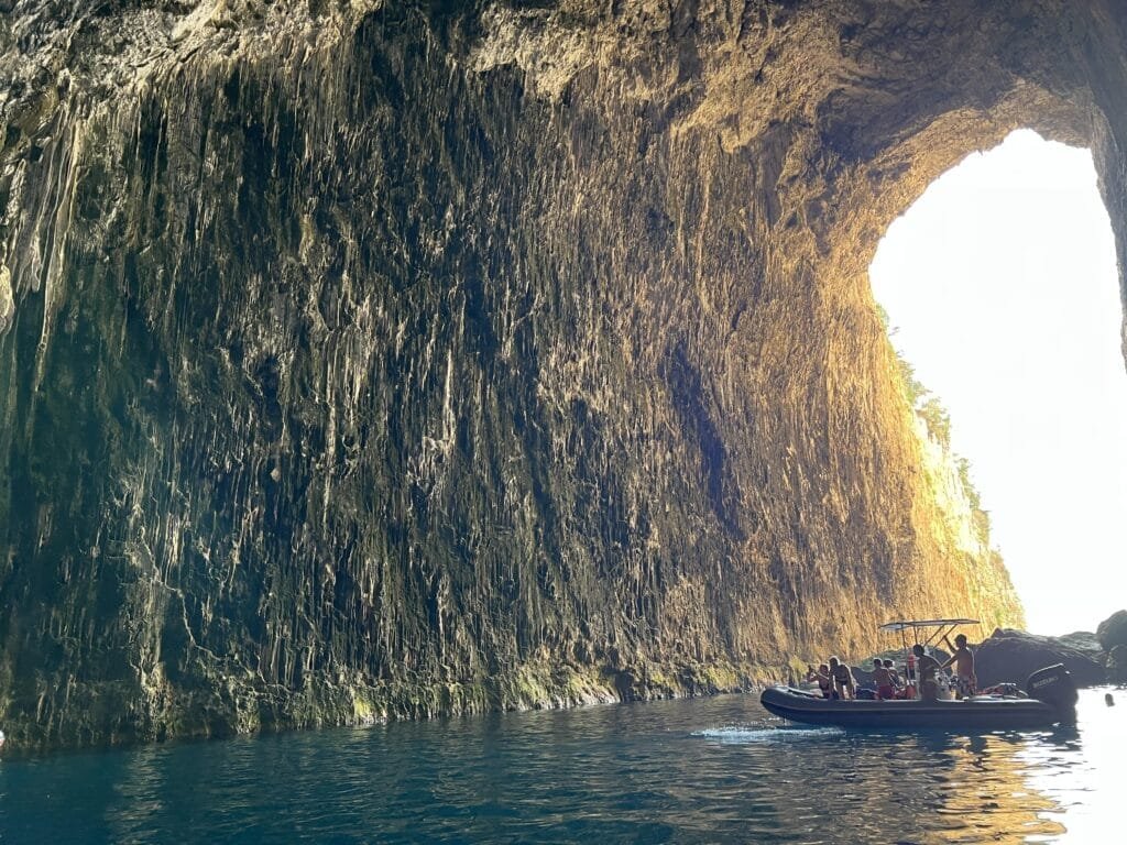 A boat floats inside Haxhi Ali's cave in Karaburun Peninsula, Vlore.