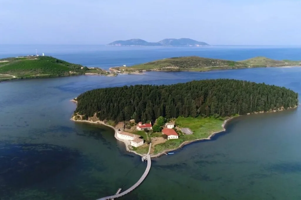 Drone view of Zvernec Monastery in Narta Lagoon Vlore, Albania