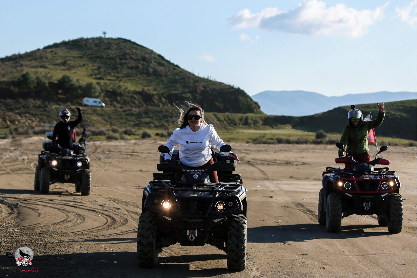 Thee people, during a quad/atv guided tour in Zvernec beach.