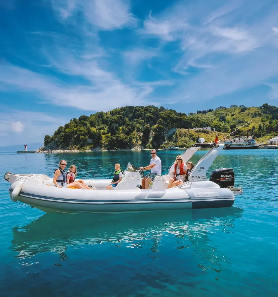 Private speedboat tour near Sazan Island in Vlore Albania with family enjoying crystal clear waters