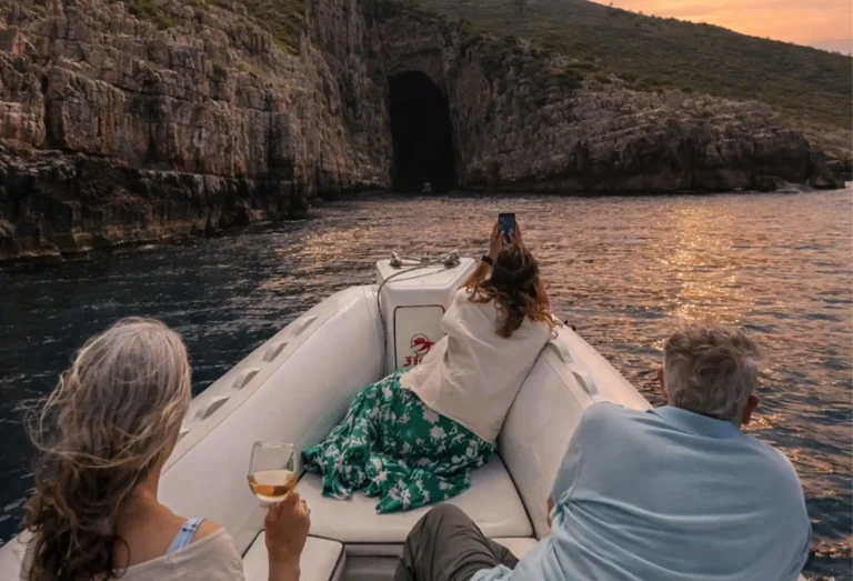 Sunset speedboat experience approaching Haxhi Ali Cave in Vlore with guests enjoying wine while sailing along the Karaburun coastline during golden hour.